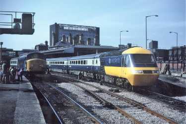 Diesel locomotives at Sheffield Midland railway station showing (back) Sheaf House
