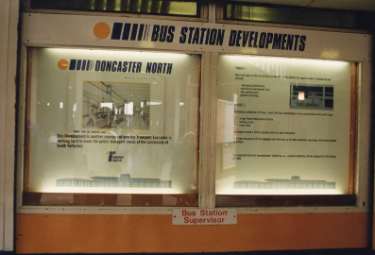 Doncaster North bus station - pre redevelopment into the Frenchgate Transport Interchange showing noticeboard advertising bus station developments