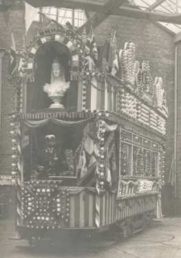 Illuminated tram for royal visit of King Edward VII outside tram sheds at Tinsley