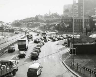 Traffic congestion on Park Square roundabout and (top left) the Parkway showing (right) former premises of Frank Cobb and Co. Ltd., silversmiths, Howard Works, Nos. 57 - 67 Broad Street