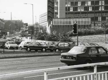 Park Square roundabout showing (left) Broad Street and (top centre) Park Hill Flats