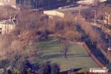 View of (right) Park Grange Road showing (top left) Silver Blades ice rink, Queens Road