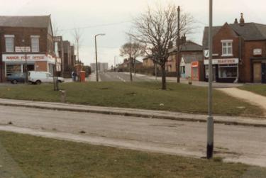 Fairleigh showing (left) No. 129a Manor post office at the junction with (centre) Wulfric Road and (right) No. 131 Hagues
