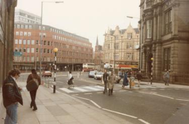 West Street looking towards the junction with (centre left) Pinfold Street, (centre) Church Street and Cathedral Court offices and (right centre) Leopold Street showing (right) the Education Department offices