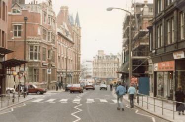Church Street looking towards junction with (left) Vicar Lane showing (right) No. 39 Toone and Co., estate agents, surveyors and valuers. Refuge Assurance Building