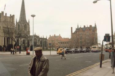 Church Street looking towards (left) Sheffield Cathedral and (centre) East Parade and Parade Chambers