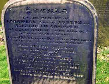 Gravestone of members of the Crapper family, St. Nicholas C. of E. Church, High Bradfield. All victims of the 1864 Flood.