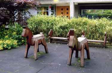Wooden horse sculptures, Barkers Pool Gardens, junction of Balm Green and Barkers Pool 
