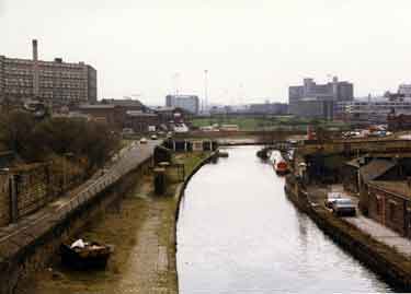 Sheffield and South Yorkshire Navigation showing (top left) Park Hill Flats and (left) Blast Lane
