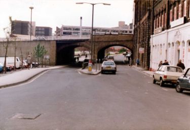 Shude Hill and Commercial Street Bridge showing (right) the former Gas Company warehouses