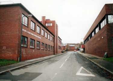 Watery Street showing (left) the rear of the Cutlery and Allied Trades Research Association and (right) the Medico-Legal Centre 