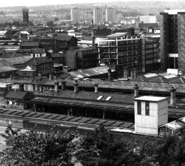 View from South Street Park showing (top left) St. Mary C. of E. Church, Bramall Lane (top centre) Lansdowne Flats and (bottom) Sheffield Midland railway station