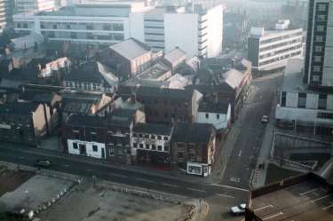 View from Telephone House looking towards (bottom) Carver Street (right) Fitzwilliam Street and (top) Cole Brothers, department store