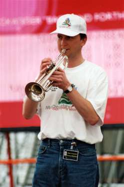 Trumpet player from Sheffield celebrating 'Our Town Story' at the Millennium Dome 