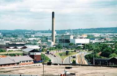 View of The Parkway showing (centre) the Bernard Road Incinerator and (left) Victoria Quays