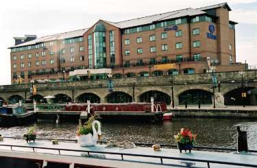 Victoria Quays showing Hilton Hotel with narrowboats in the Canal Basin