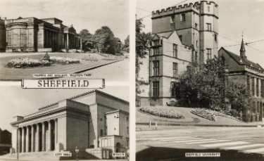 Composite postcard of Sheffield showing clockwise Mappin Art Gallery, Weston Park; University of Sheffield, Western Bank and City Hall, Barkers Pool