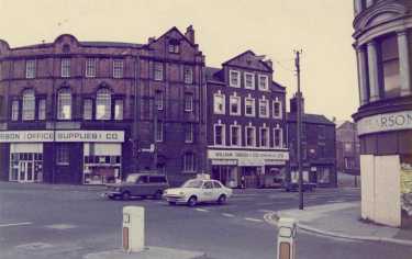 West Bar at the junction of (right) Corporation Street showing Harrison (Office Supplies) Co., Peter House and (centre) Nos. 111 - 115 William Green and Co., ironfounders