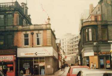 Orchard Street from Church Street showing (left) Leicester Building Society, No. 33 Church Street and (right) Thomas Breer and Co., estate agents