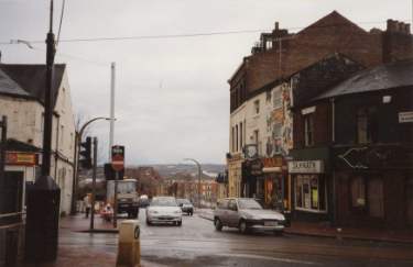Junction of (foreground) Glossop Road and (centre) Fitzwilliam Street showbing (right) Jannath, Indian takeaway, No. 2 Fitzwilliam Street