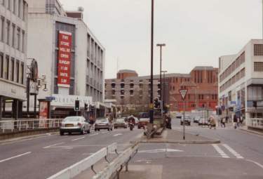 Furnival Gate looking towards Charter Square showing (top left) Debenhams, department store and (centre) Wellington Street fire station