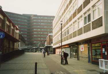 Hereford Street showing (back centre) Manpower Services Commission offices and (right) Hereford Street post office and No. 47 Disc Direct, computer software developers 