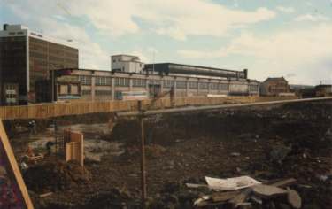 Construction of Sheffield Science Park, Howard Street showing (back left) Dyson House and (centre) former Kennings Ltd., car dealers and motor engineers