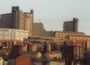 Demolition of Hyde Park Flats (back), flats on Hyde Park Terrace and Hyde Park Walk (right) and Bard Street Flats (foreground)