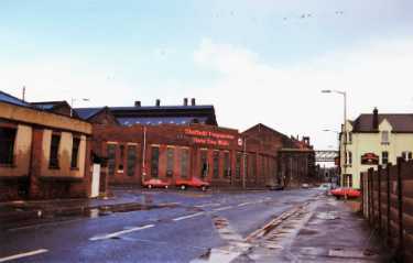 Brightside Lane showing (centre) Sheffield Forgemasters, River Don Works and (right) No. 720 Wellington Inn