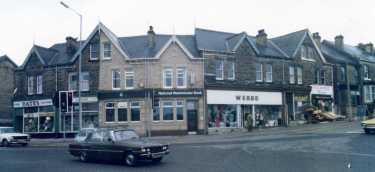 Shops on Middlewood Road showing (l. to r.) J. D. Oates, television and radio dealers; No.269 J. D. Oates, grocers; No. 271 National Westminster Bank and A. and S. Webb, drapers, No. 1 Wadsley Lane 