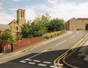 Junction of (centre) Hollis Croft and (foreground) Solly Street showing (left) St. Vincent's Roman Catholic Church, Solly Street