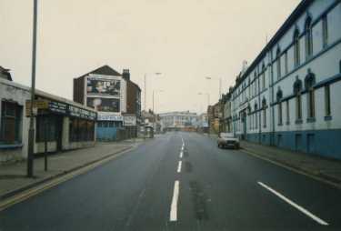 Attercliffe Road showing (right) No. 543 former premises of Spartan Steel and Alloys Ltd., Spartan Works, stainless steel manufacturers, Spartan Works 