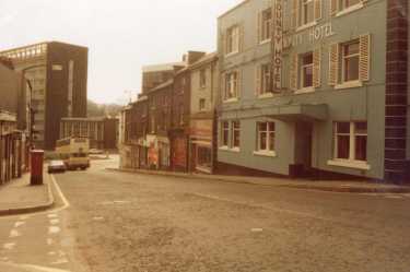 Howard Street looking towards Sheaf Square roundabout showing (left) Sheaf House and (right) No. 70 County Hotel