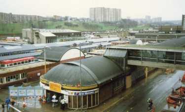 Pond Street bus station showing (top left) Park Hill flats, (centre top) Norfolk Park Flats and (centre left) Sheaf Valley swimming baths