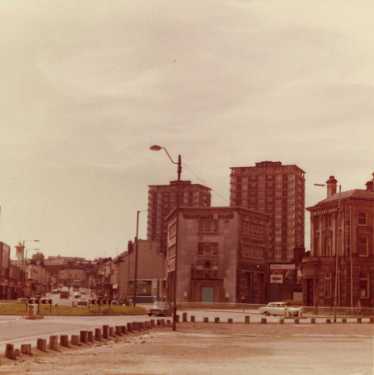 Moorfoot showing roundabout at junction of Ecclesall Road, The Moor, St Mary's Gate and London Road showing (centre) Lansdowne Road Flats 
