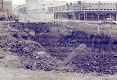 Construction site for Manpower Service Commission, Moorfoot showing (back right) Yorkshire Bank, No. 139 The Moor