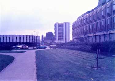 Footpath to rear of Town Hall extension (also known as the EggBox) showing (left) Register Office and (back centre) Redvers House