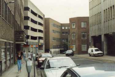 Hartshead showing (left) St. Peters House and multi storey car park, (centre) Friends Meeting House and Transport and General Workers Union Offices, Transport House and (right) rear of Sheffield Newspapers Ltd.