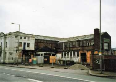 Derelict buildings on Suffolk Road showing (left) Columbia Place former premises of Brindley and Foster, organ builders