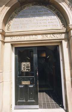 Inscription on stonework carved over the door, Highfield Library, London Road