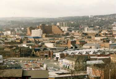 View from Cholera Monument of the City Centre showing (bottom right) former Leadmill Road transport depot and (top centre) Manpower Services Commission