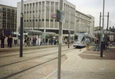 Castle Square Supertram stop looking towards High Street and showing (centre) C and A  Modes Ltd., department store