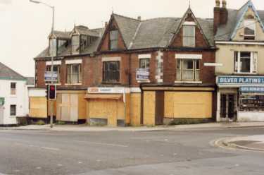 Boarded up shops on junction of Woodseats Road and Abbeydale Road showing (right) R. P. S. Services, silver plating and repairs