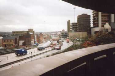 Arundel Gate from Sheffield Register Office looking towards Furnival Square showing (right) AEU House and Redvers House, offices