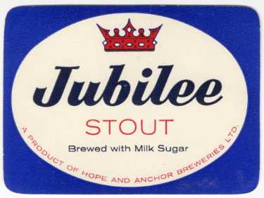 Beer label for Jubilee Stout, [brewed by] Hope and Anchor Breweries Ltd., Clay Wheels Lane, Wadsley Bridge
