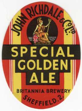 Beer label for Special Golden Ale, [brewed by] John Richdale and Co. Ltd., Britannia Brewery, Bramall Lane