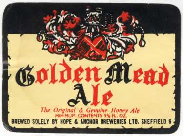 Beer label for Golden Mead Ale [brewed by] Hope and Anchor Breweries Ltd., Brewery, Clay Wheels Lane, Wadsley Bridge (latterly Bass Charrington (North) Ltd.),