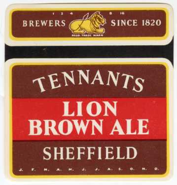 Beer label for Lion Brown Ale [brewed by] Tennant Brothers Ltd., Exchange Brewery, Bridge Street