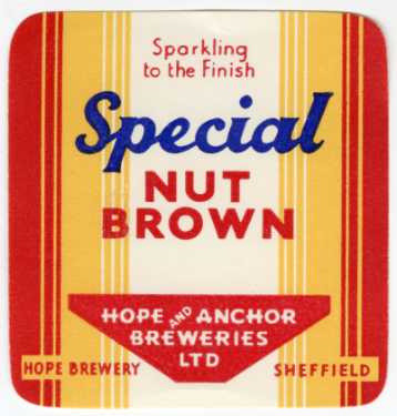 Beer label for Special Nut Brown [brewed by] Hope and Anchor Breweries Ltd., Brewery, Clay Wheels Lane, Wadsley Bridge (latterly Bass Charrington (North) Ltd.)