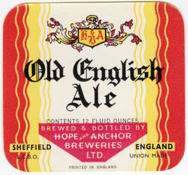 Beer label for Old English Ale [brewed by] Hope and Anchor Breweries Ltd., Brewery, Clay Wheels Lane, Wadsley Bridge (latterly Bass Charrington (North) Ltd.)